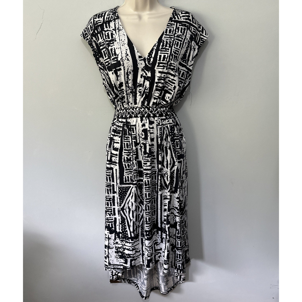 Vintage Ice Dress Womens 1X Black White Abstract Midi Retro 90s Bohemian Chic